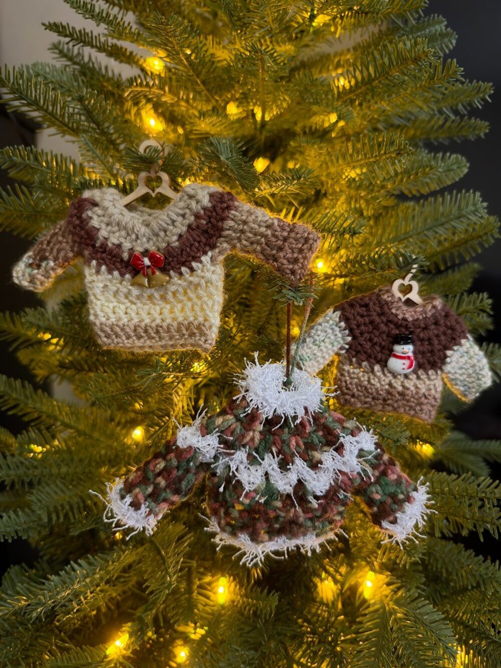 Handmade Crochet Ugly Christmas Sweaters Hanging Brown Green Ornaments Set of 3